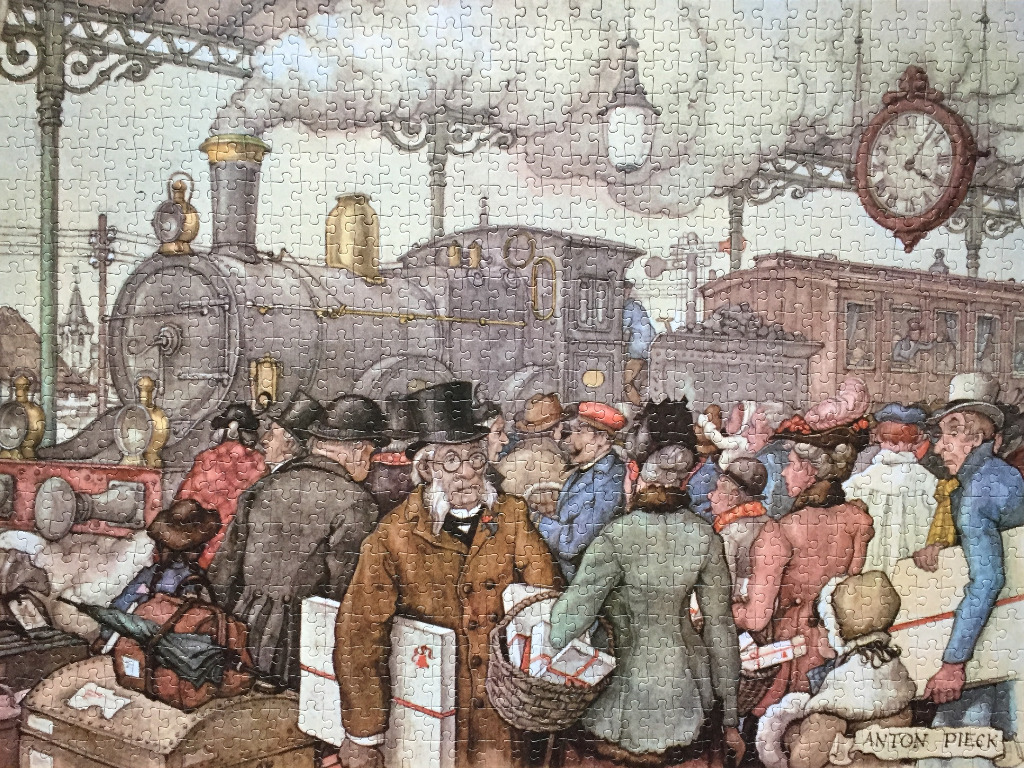 Vintage illustration of a bustling railway station with an antique steam locomotive and a crowd of Victorian-era travelers.
