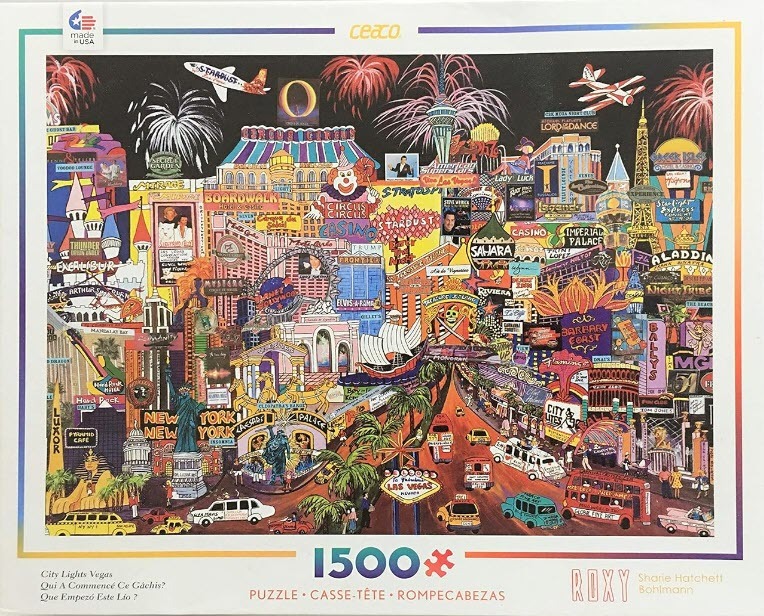 An illustrated, crowded night scene of the Las Vegas Strip featuring numerous neon signs, famous hotels, and fireworks.