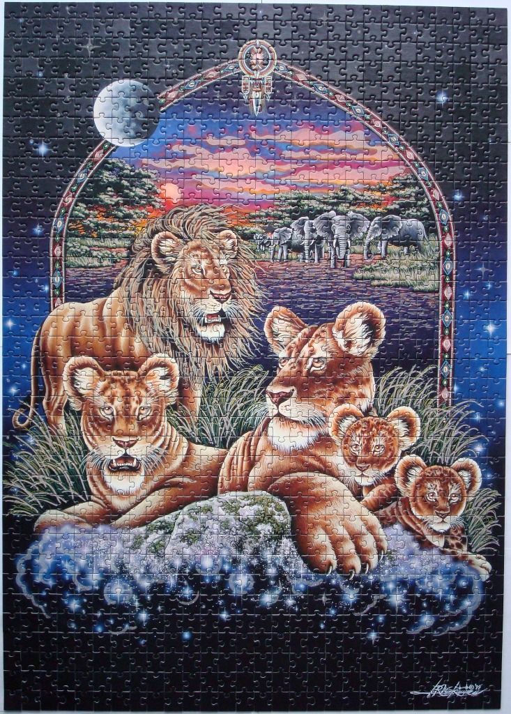 A pride of lions resting in a savanna landscape under a starry sky framed by an archway.