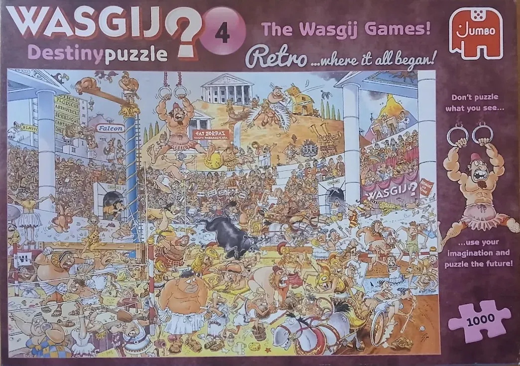 Cartoon illustration of a chaotic ancient Olympic games scene in an arena.