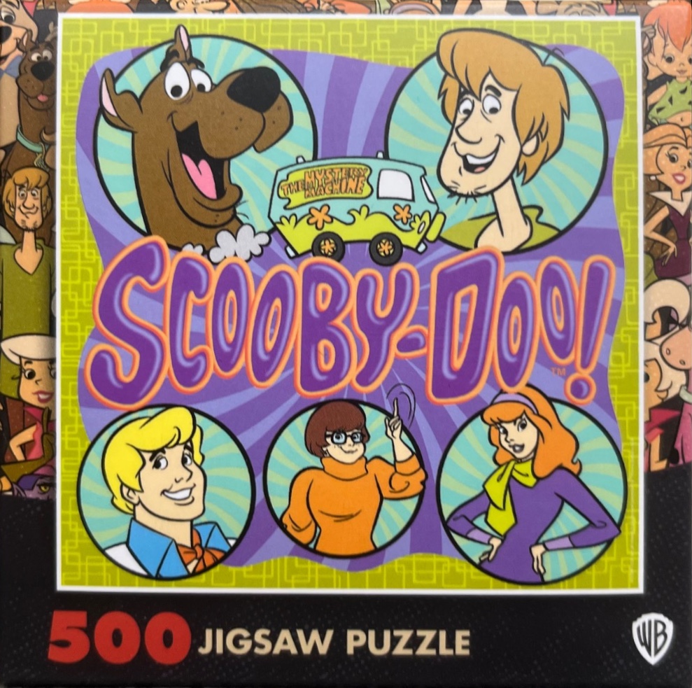 Cartoon characters Scooby-Doo, Shaggy, Fred, Velma, and Daphne in circular portraits around the Mystery Machine van.