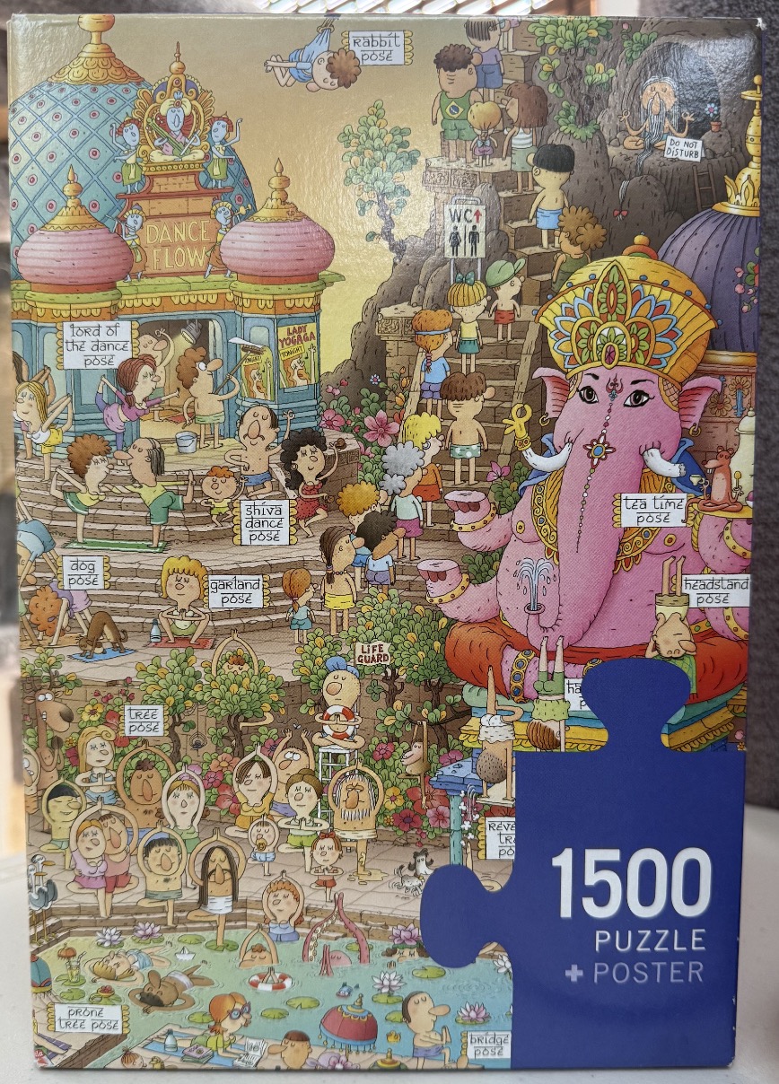 Busy cartoon illustration of many people doing yoga poses in front of an Indian-style palace and a giant pink Ganesha.