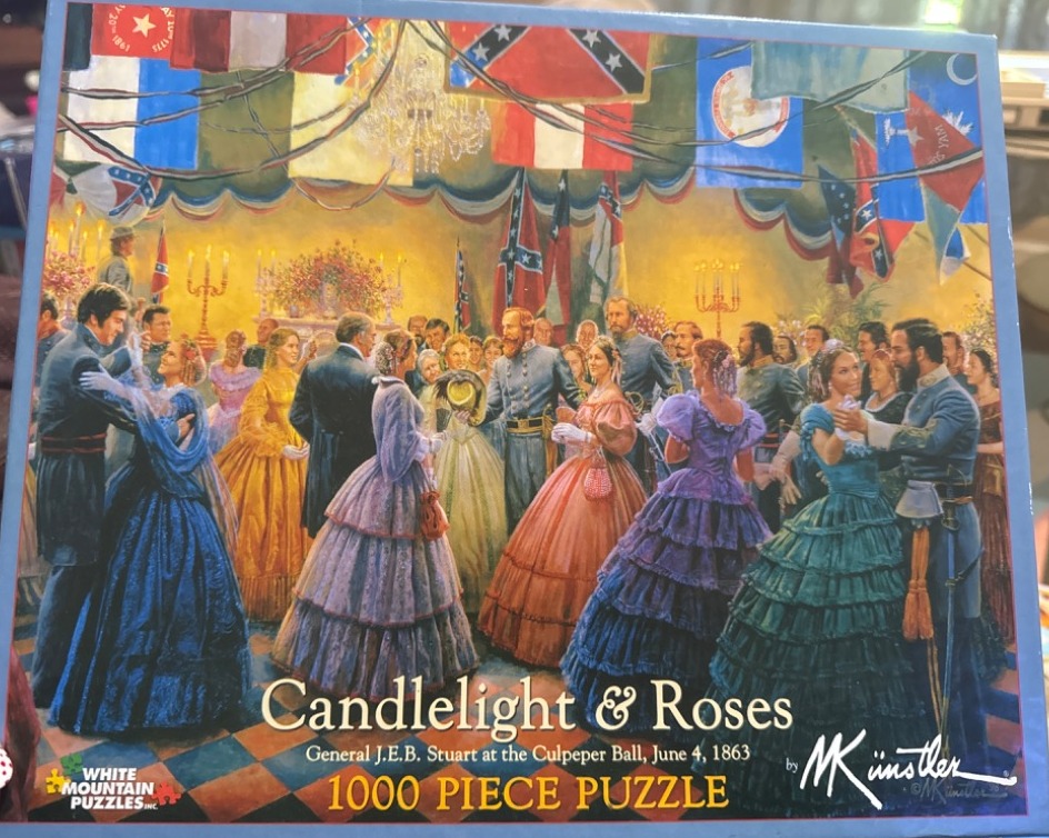An oil painting of a 19th-century ball with soldiers in uniform and women in formal Victorian gowns.