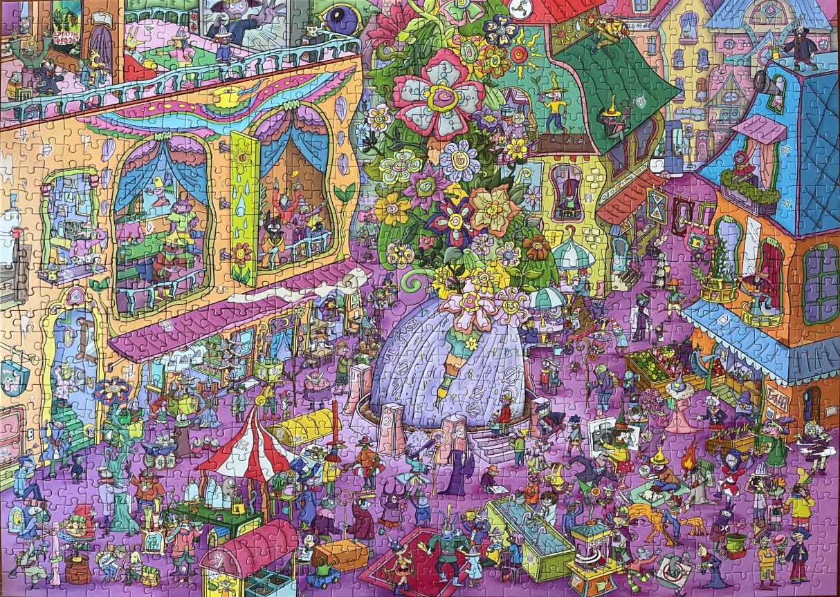 A whimsical, brightly colored fantasy market scene filled with magical creatures and vibrant buildings.