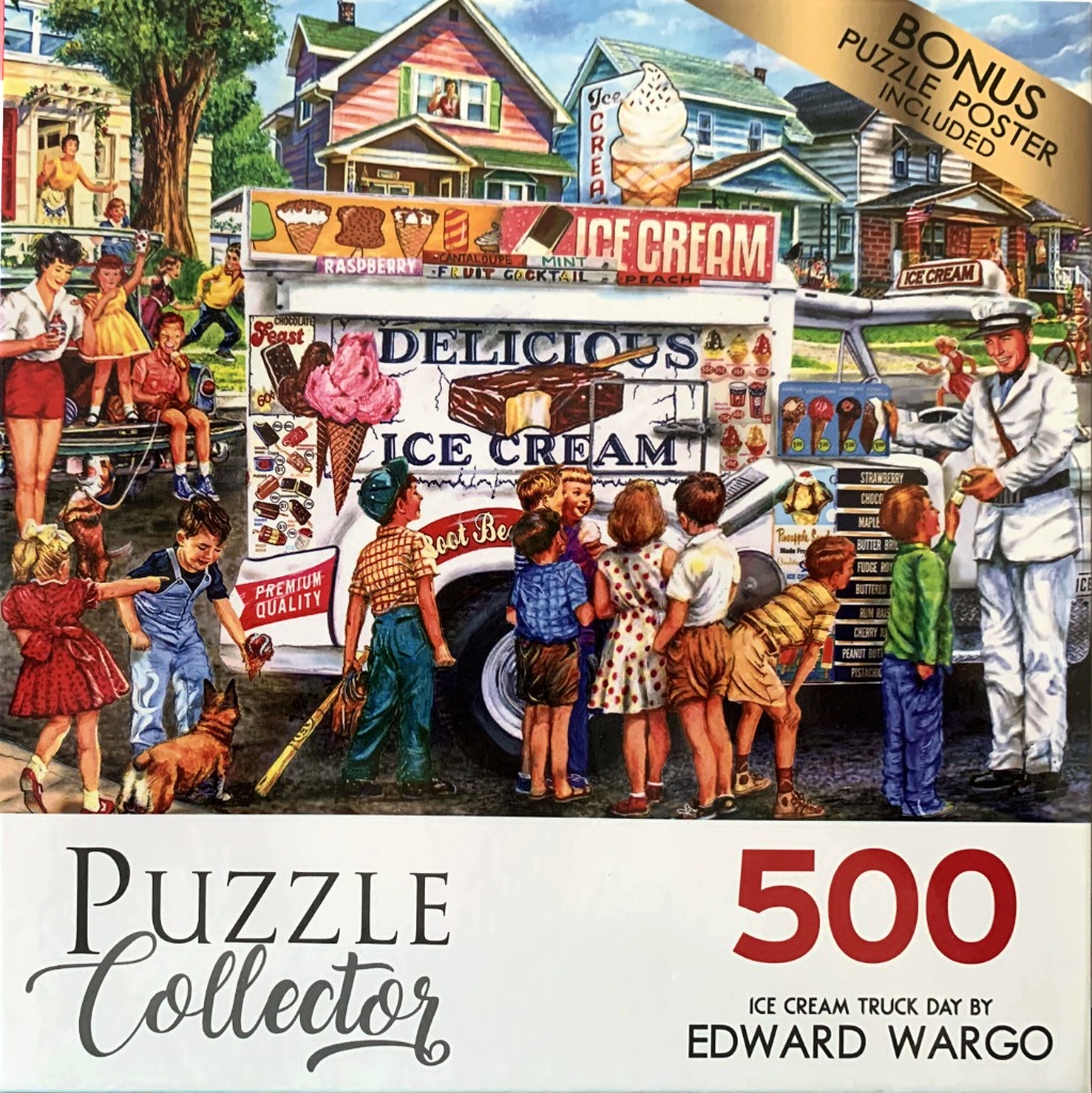 A vintage-style illustration of children gathered around an ice cream truck in a suburban neighborhood.
