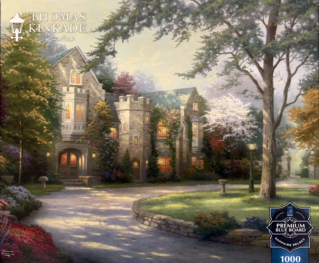 An oil painting of a stone manor house surrounded by lush gardens, trees, and glowing golden windows at dusk.