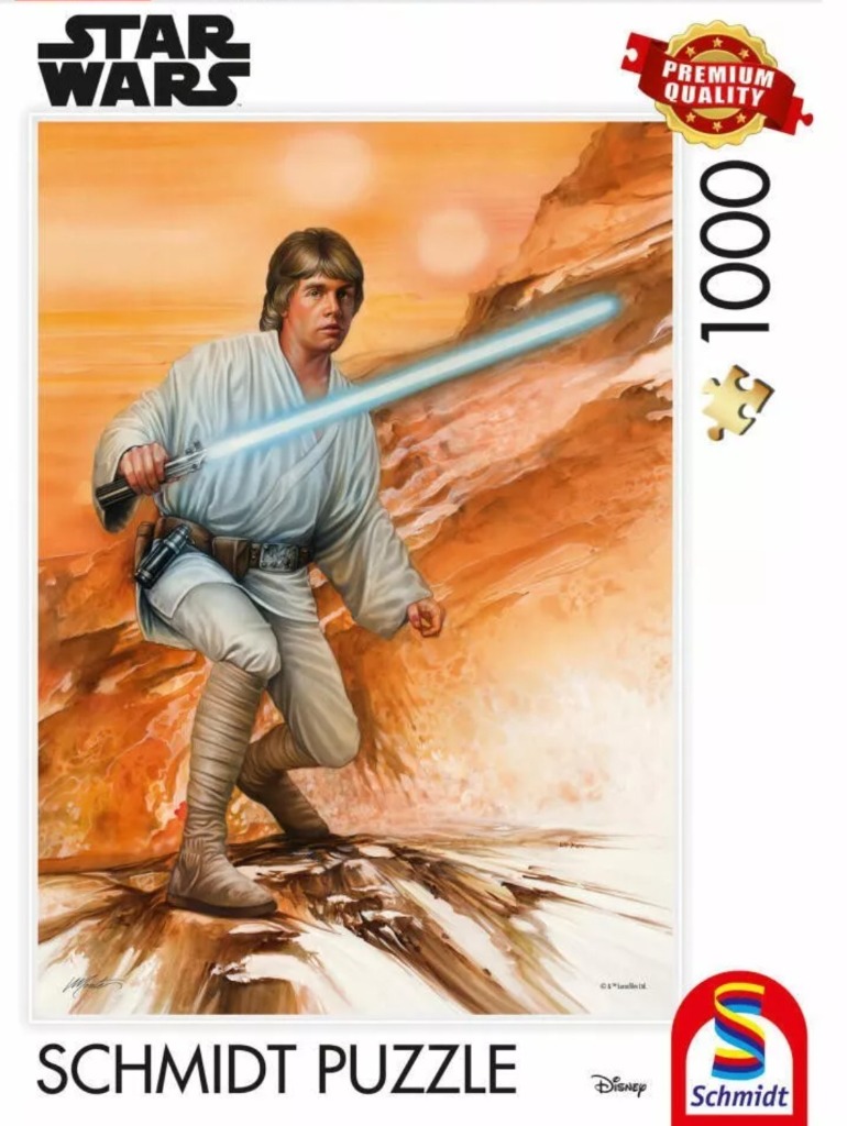 Painted illustration of Luke Skywalker in a desert landscape holding a glowing blue lightsaber.