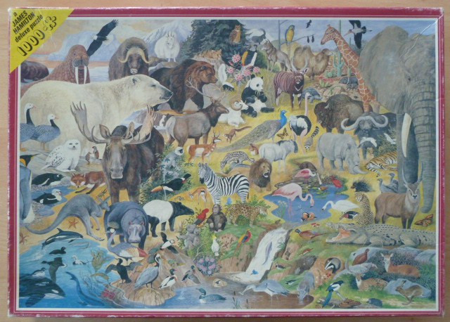 A crowded, detailed illustration featuring dozens of various wild animals from diverse habitats globally.
