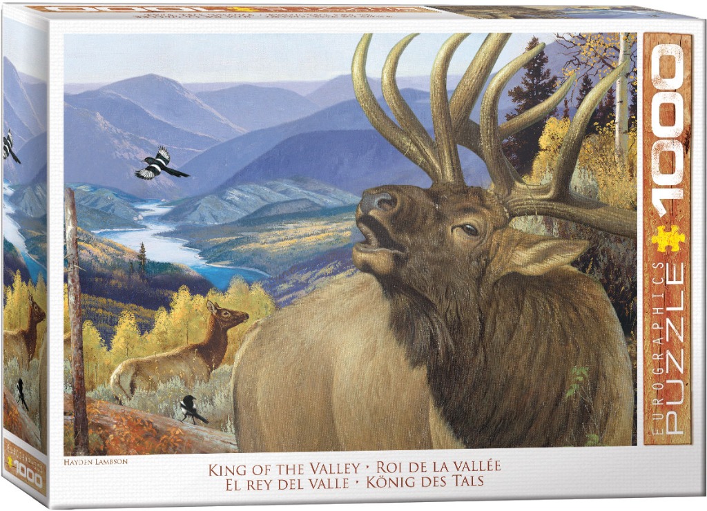 An oil painting of a majestic bull elk bugling in a mountain valley during autumn.