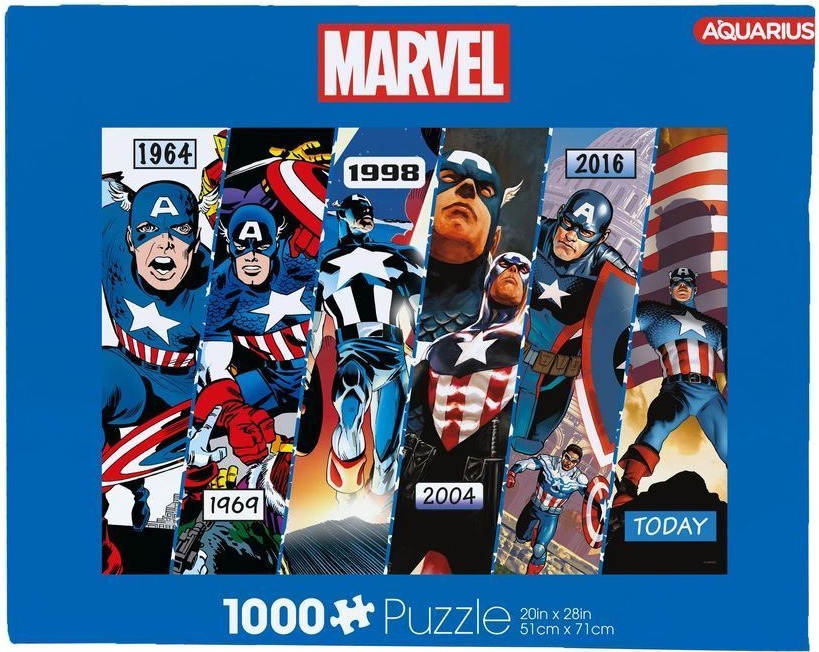 A montage of Captain America illustrations from different eras, arranged in diagonal panels.