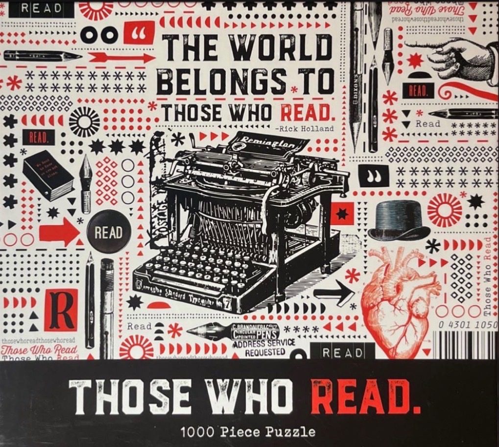 Graphic illustration featuring a vintage Remington typewriter, pens, and the text The world belongs to those who read.