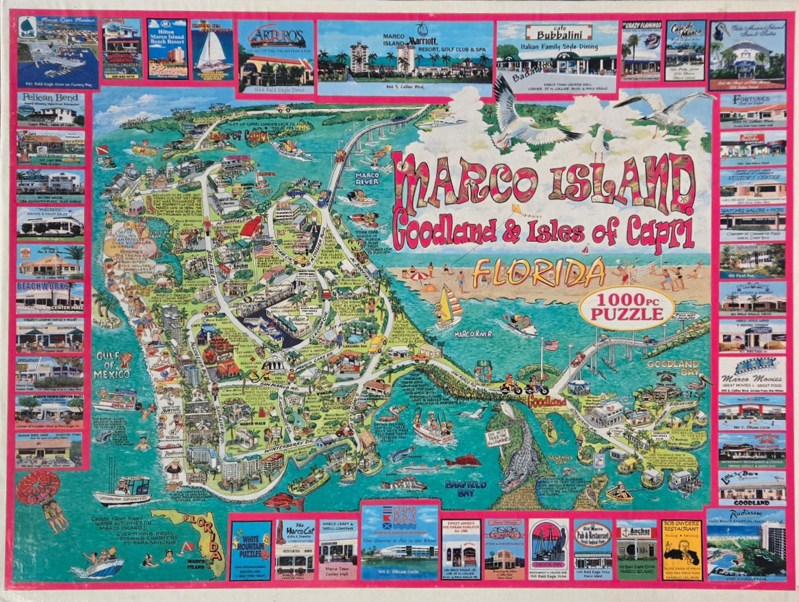 Illustrated pictorial map of Marco Island, Goodland, and the Isles of Capri with surrounding business advertisements.