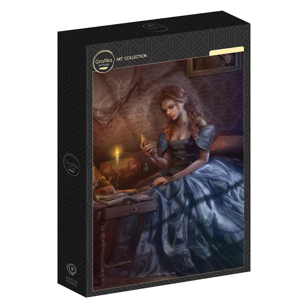 A digital painting of a woman in a blue gown reading a letter by candlelight in a dim, Victorian-style room.