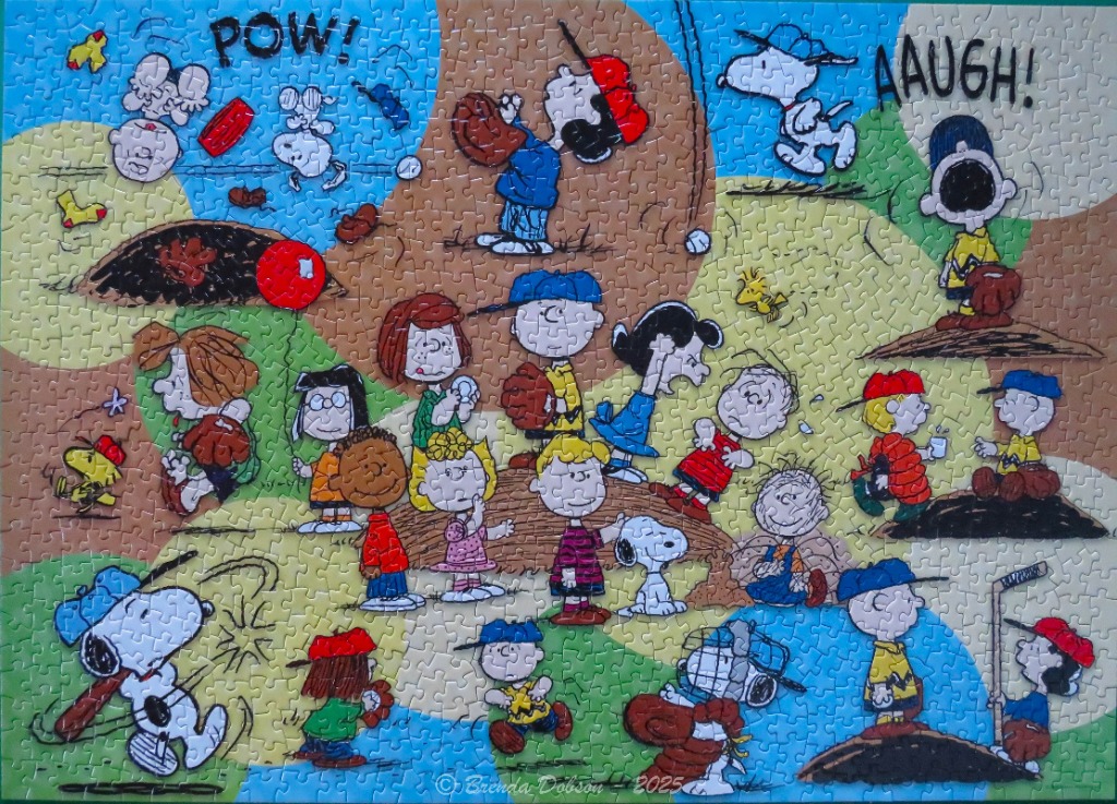 A collage of the Peanuts gang playing baseball with various characters in action poses.