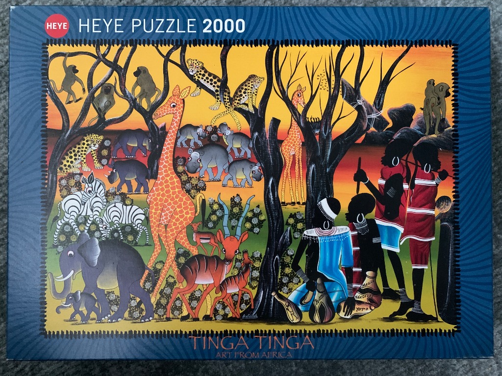 Vibrant Tinga Tinga style African savanna scene featuring stylized animals and figures in warm sunset colors.