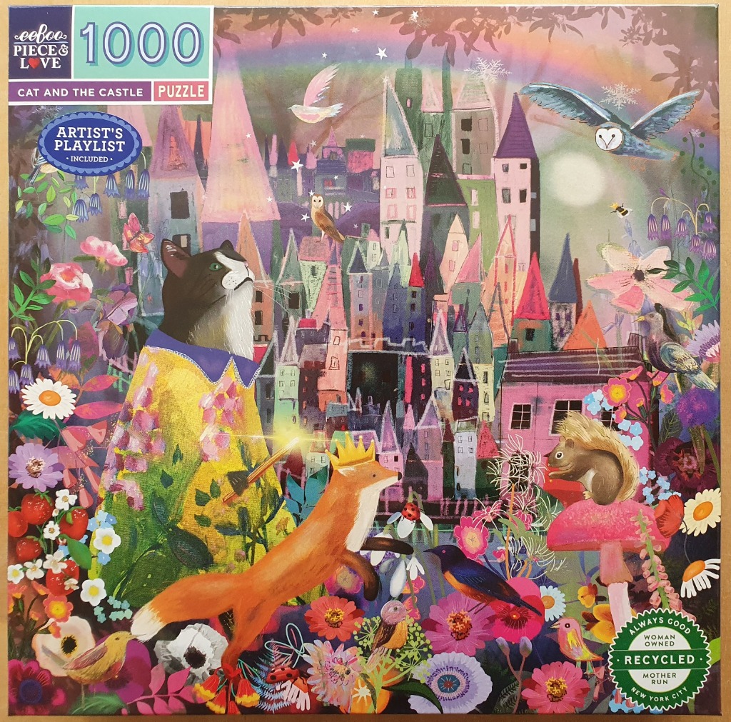 A whimsical illustration of a cat wearing a robe and a fox wearing a crown in a magical garden before a tall castle.