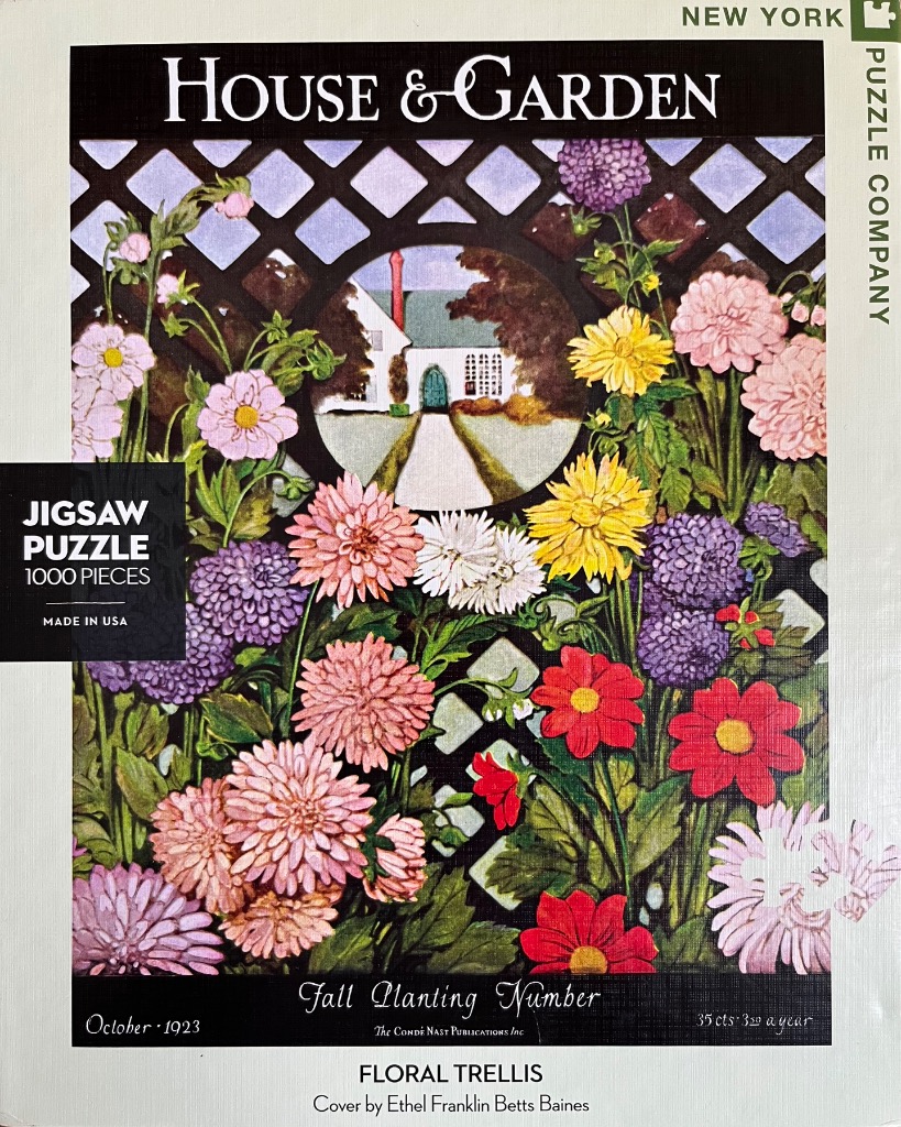 Vintage illustration of vibrant chrysanthemums growing against a garden trellis with a cottage in the distance.