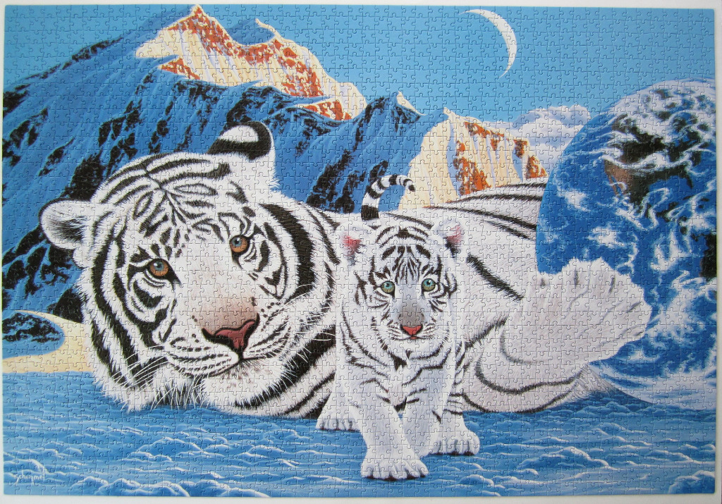 A mother white tiger and her cub resting in front of snow-capped mountains and a globe of the Earth.