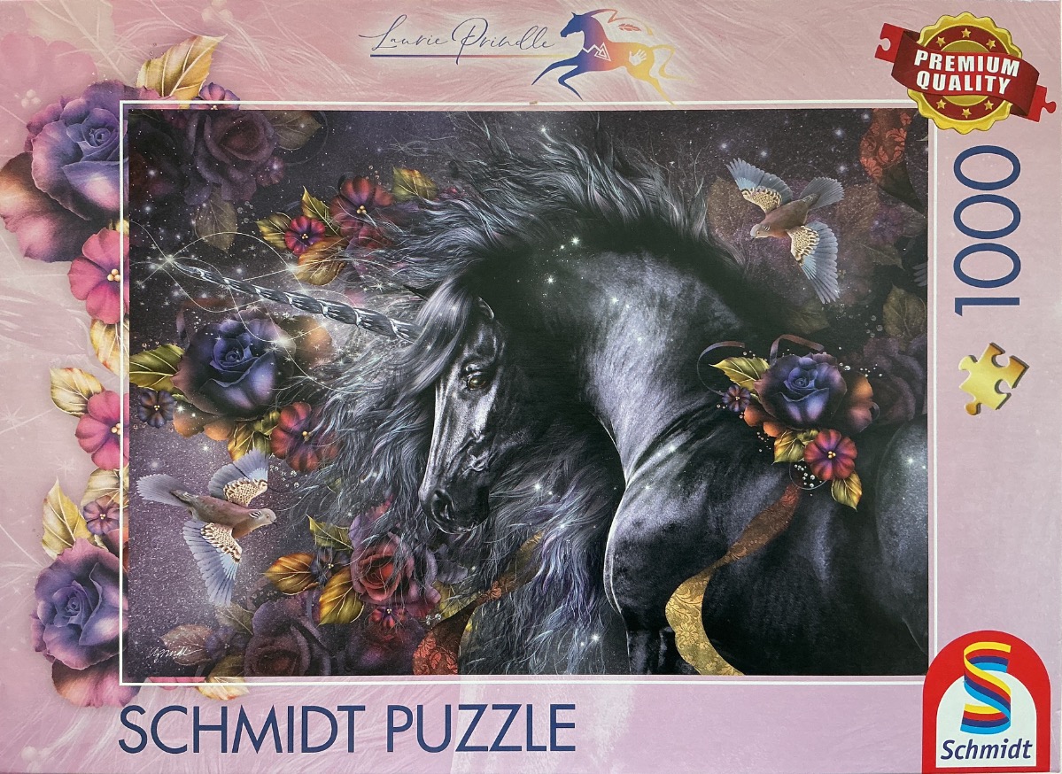 A majestic black unicorn surrounded by dark roses, swirling stardust, and small birds against a cosmic background.