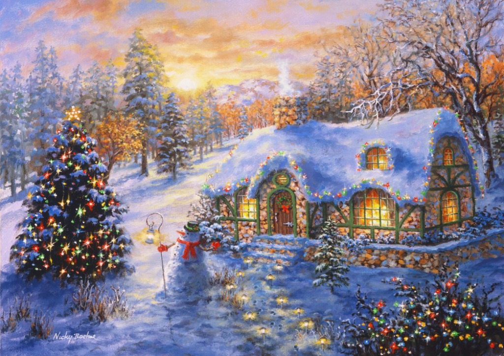 A cozy stone cottage in a snowy landscape at sunset, decorated with colorful Christmas lights and a glowing tree.