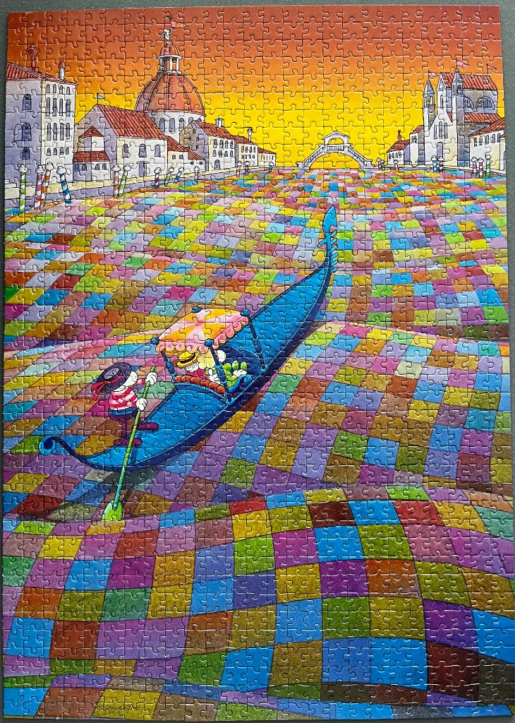A cartoon gondola floats on a vibrant, multi-colored checkered water surface in front of a Venetian cityscape.