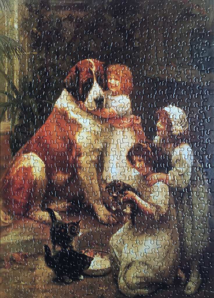 A classic oil painting depicting a large Saint Bernard dog with three young children and two cats.