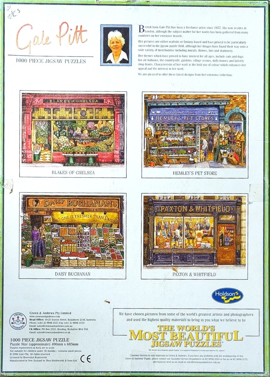 Four illustrations of traditional English shop fronts by artist Gale Pitt.
