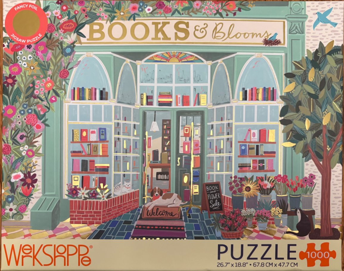 Illustration of a quaint bookstore storefront with blooming flowers, a dog on a welcome mat, and books in the windows.