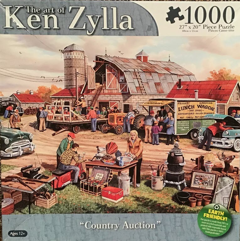 A nostalgic rural scene depicting a busy country auction on a farm with a barn, vintage cars, and people browsing items.