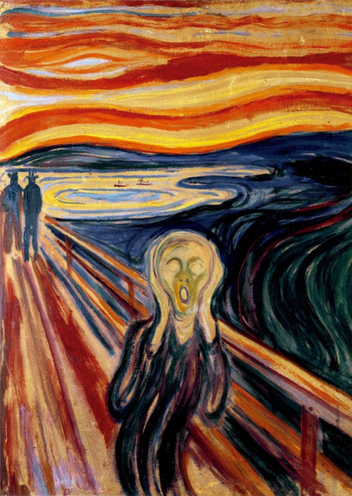 A central figure with a hairless head and wide-open mouth screams while standing on a bridge against a vibrant sky.