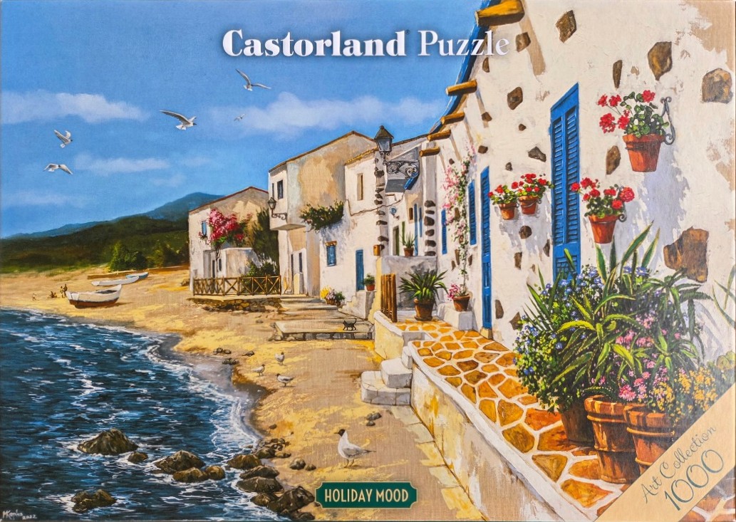 An oil painting of a Mediterranean coastal village with white stone buildings, blue shutters, and potted geraniums.