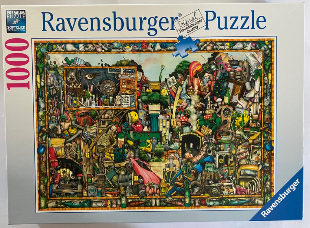 A dense, whimsical illustration of a cluttered, magical junkyard scene filled with eccentric objects and oddities.
