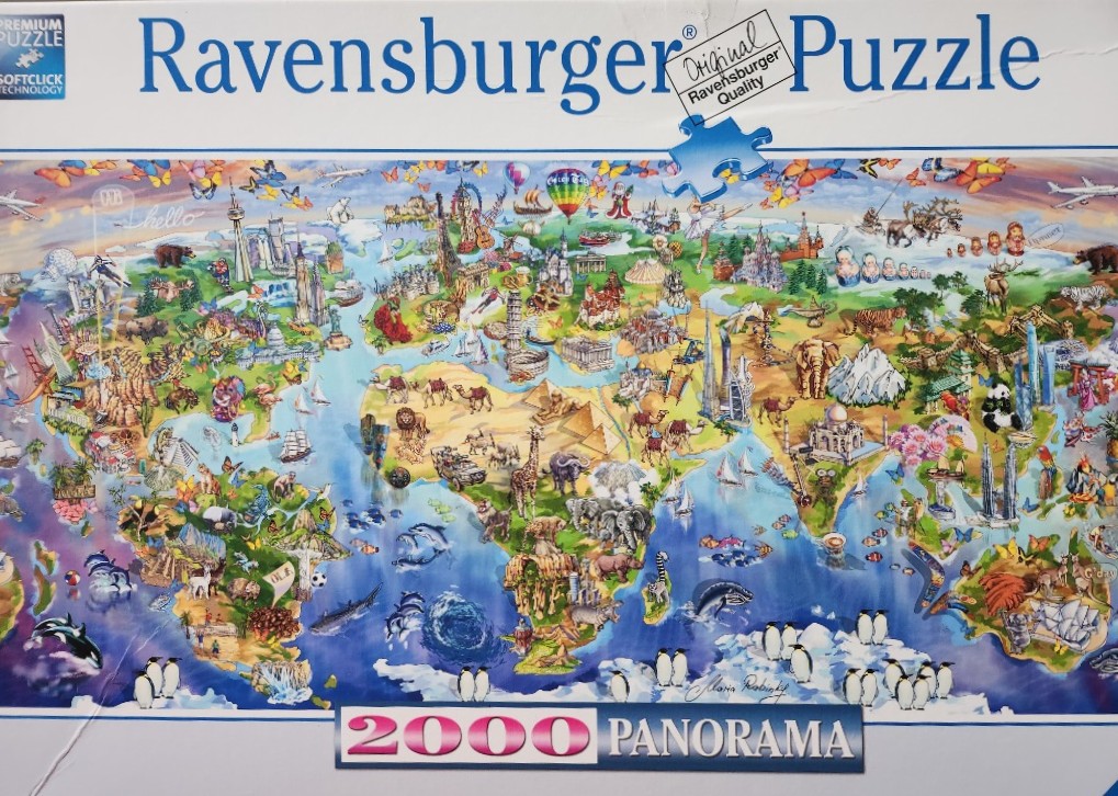 An illustrated world map featuring iconic global landmarks, diverse wildlife, and cultural symbols across the continents.