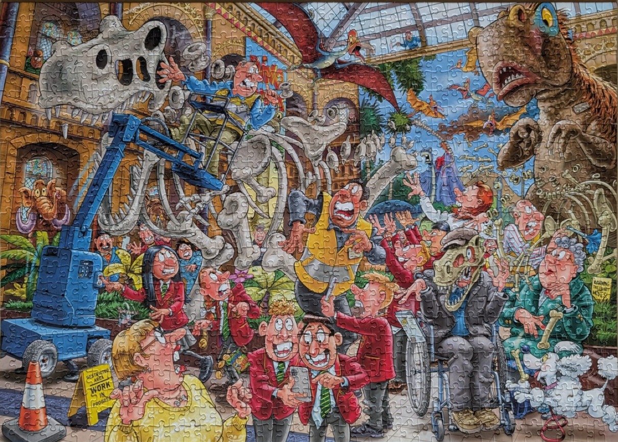 Humorous cartoon of people at a dinosaur museum, with skeletons and a T-Rex.