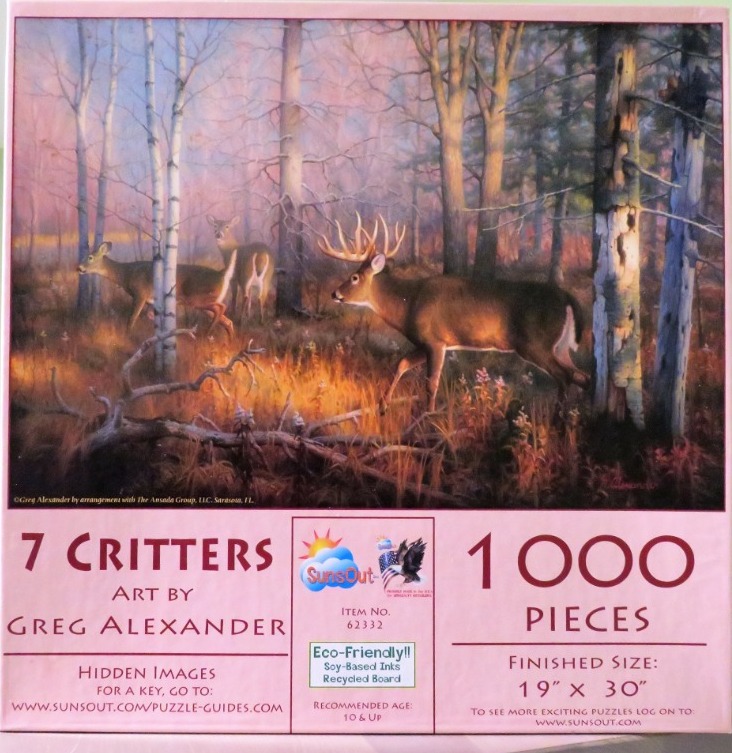 Oil painting of a large white-tailed deer buck and two does in a sunlit autumnal forest clearing.