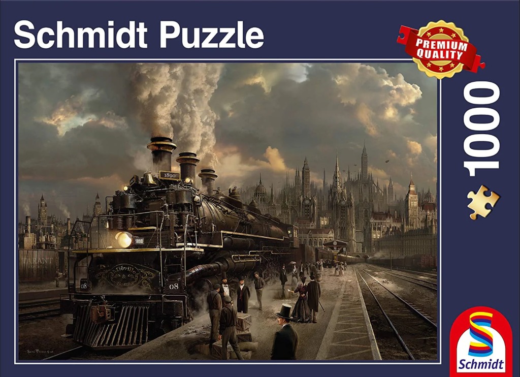 A vintage steam locomotive at a bustling 19th-century railway station with a Gothic cityscape in the background.