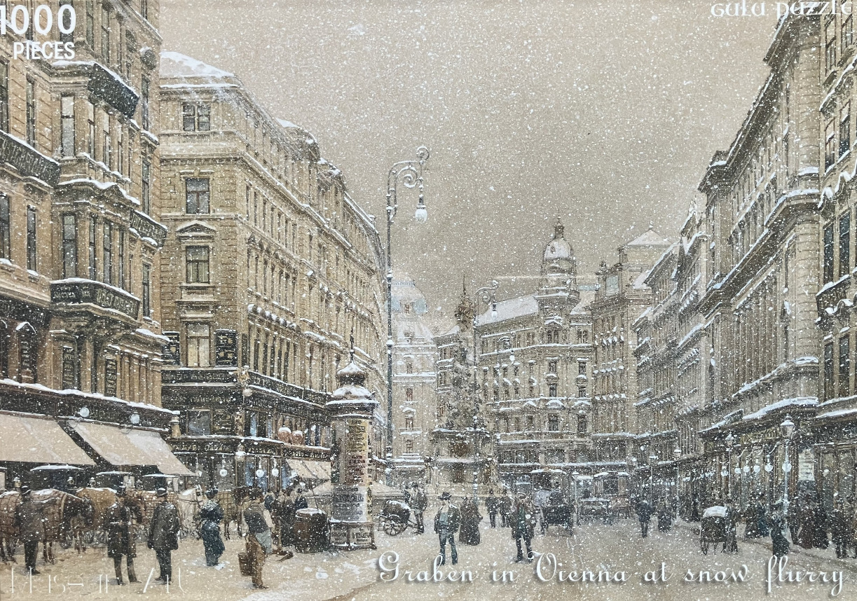 A vintage-style illustration of the Graben street in Vienna during a heavy snowstorm with pedestrians and horse carriages.