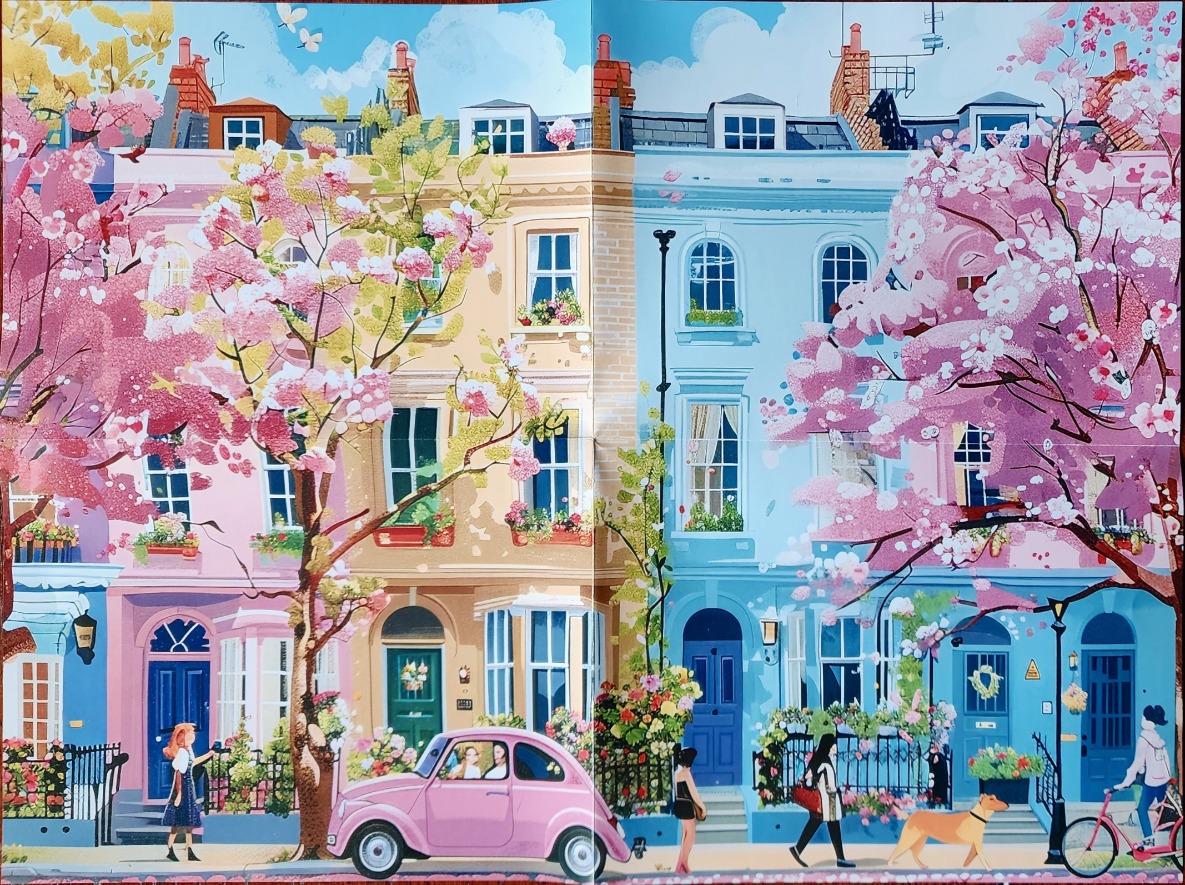Illustration of pastel townhouses in spring with cherry blossoms and a pink car