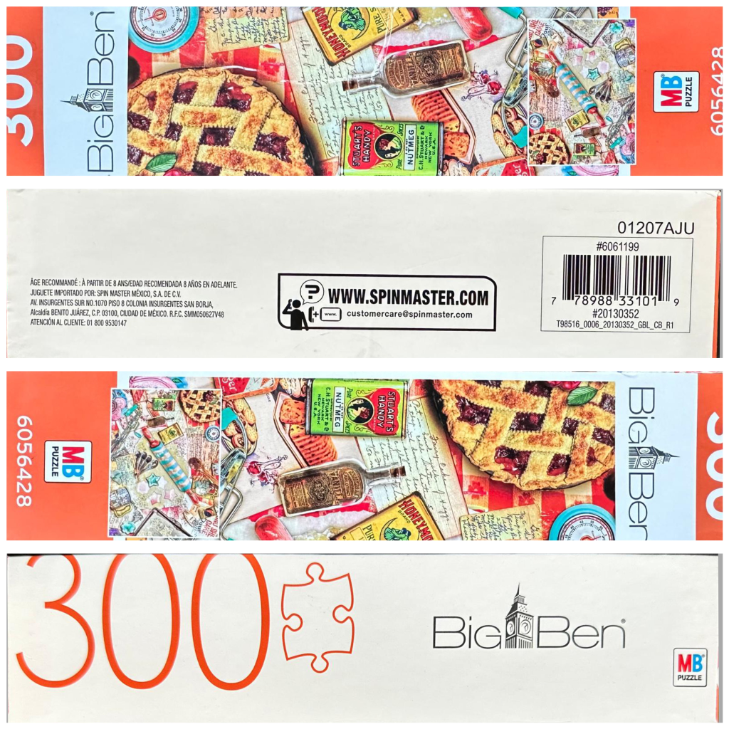 A kitchen-themed collage featuring a berry pie, vintage spice tins, a bottle of vanilla, and baking utensils.