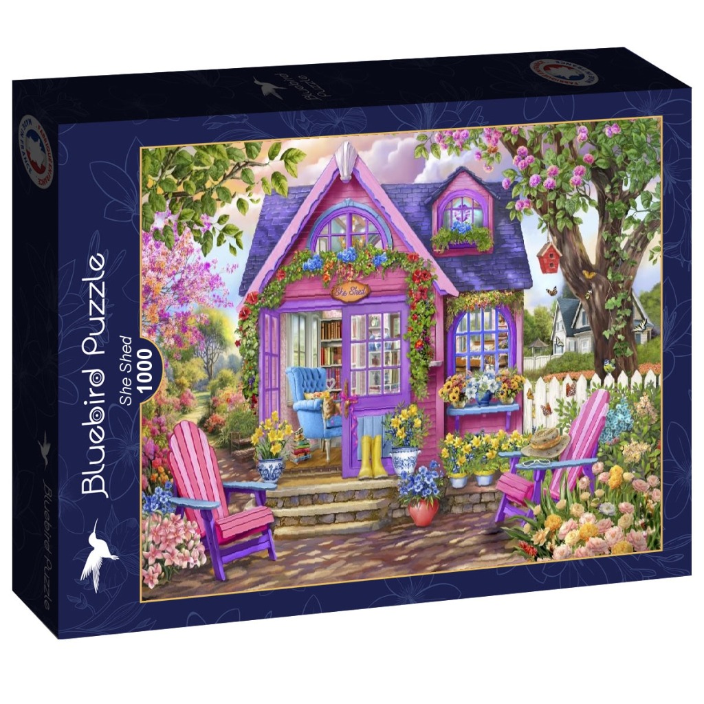 An idyllic garden scene featuring a whimsical pink cottage known as a She Shed, surrounded by vibrant flowers.