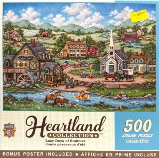 Folk art illustration of a colonial-style American village with a mill, church, and people by a river.
