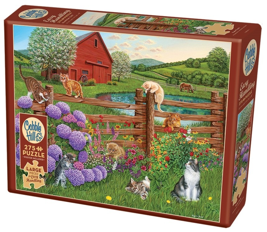 A peaceful rural farm scene featuring eight kittens playing around a split-rail fence, a pond, and a large red barn.
