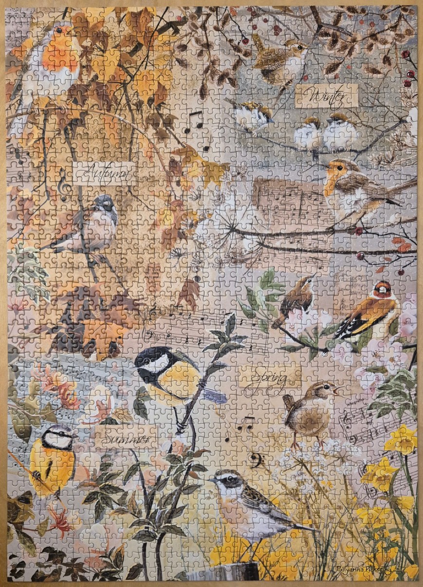Collage of various birds perched on branches with seasonal themes and musical score backgrounds.