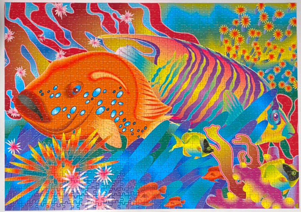 Psychedelic underwater scene with a large orange spotted fish and colorful coral reefs.