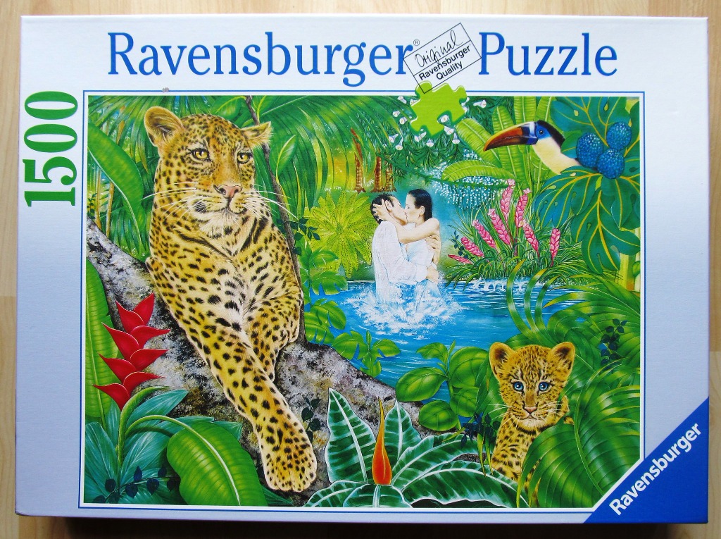 A vibrant jungle scene with a large leopard, a smaller leopard cub, and a couple embracing in a pond.
