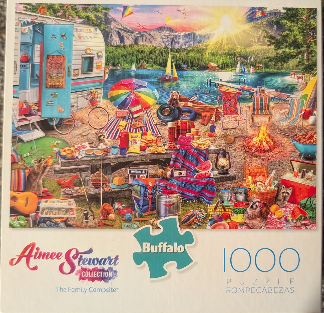 A sunny lakeside campsite filled with a retro camper, picnic food, colorful decor, and friendly woodland animals.