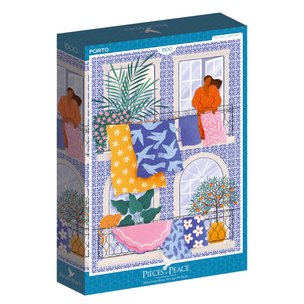 Illustration of a multi-story building facade in Porto with laundry hanging from balconies and a cat lounging.