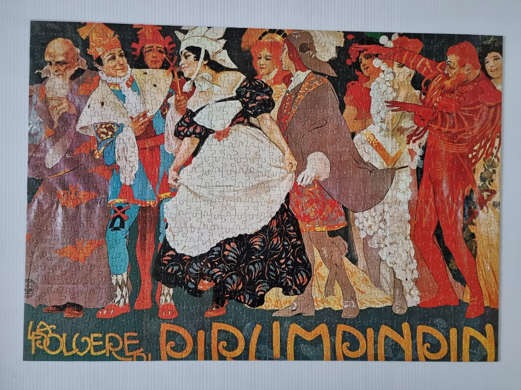 An art nouveau illustration of a masked carnival scene with figures in elaborate period costumes.