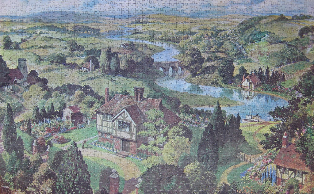 A peaceful English countryside landscape with a winding river, stone cottages, and lush green rolling hills.