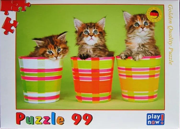 Three fluffy kittens peeking out of colourful plaid flower pots against a solid green background.